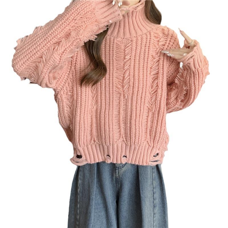 Design Sense Tassel Hole High Neck Sweater Elegant Woman Pullover Fall and Winter Warm Knit Sweater Tops Comfortable and Versatile