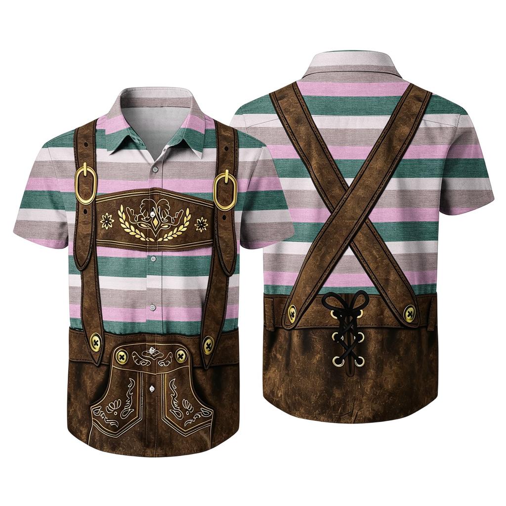 Men's Short Sleeve Button Up Shirt Casual Loose Fit Festival Party Shirt with Vintage Beer Elements Print and Faux Lederhosen Design