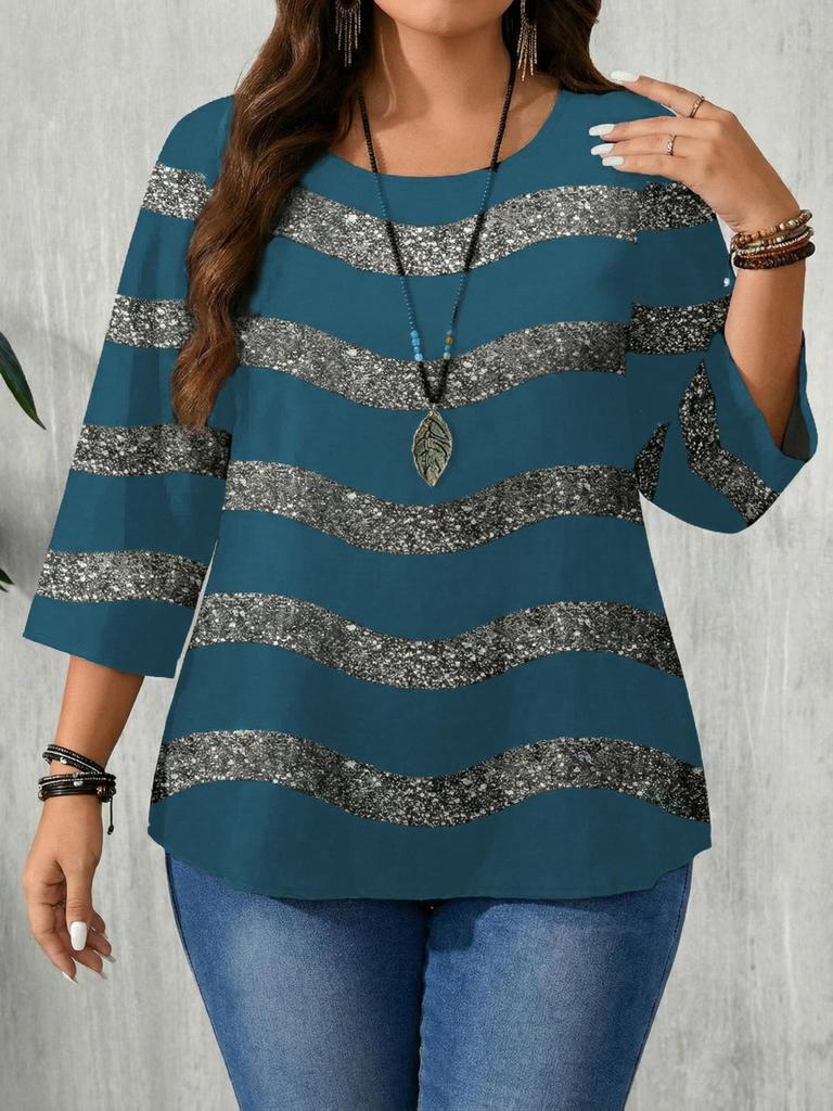 Plus Size Women's Striped Long Sleeve Round Neck Hoodie - Spring & Autumn 2026 Collection