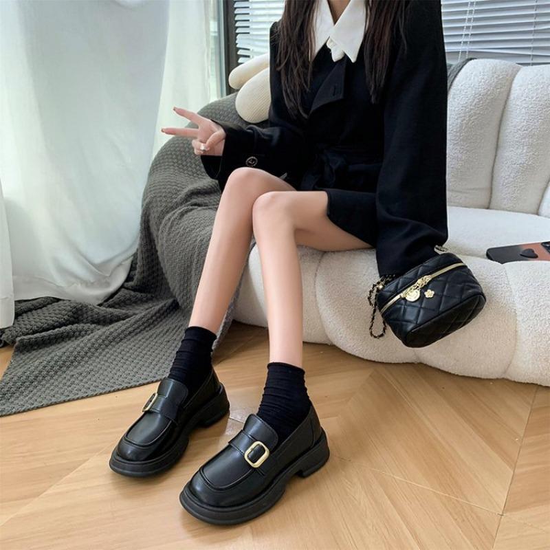 Small leather shoes women's new retro thick heel student versatile one-pedal JK small leather shoes