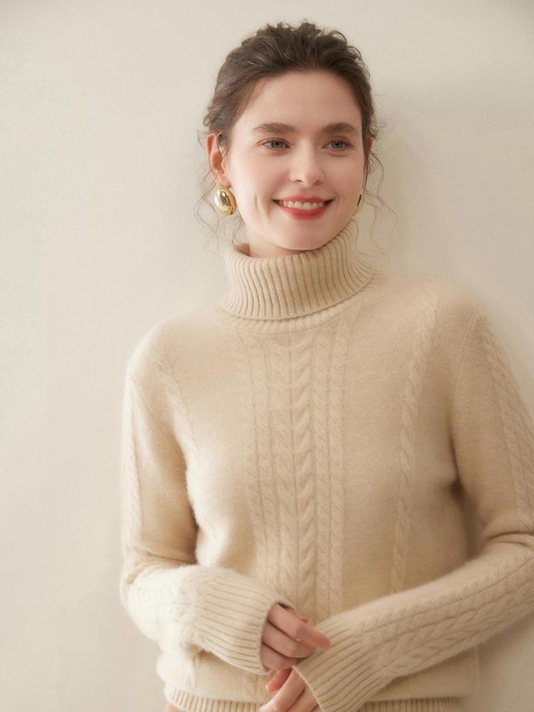 Women's High Neck Cashmere Jacquard Sweater - Autumn/Winter, Seven Gauge, Thick, Loose-Fit Knit, Versatile Base Layer.