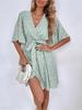 V Neck Printingt Dress Waist Hugging Dress Elegant Short Sleeve Dresses Causal Women Dress