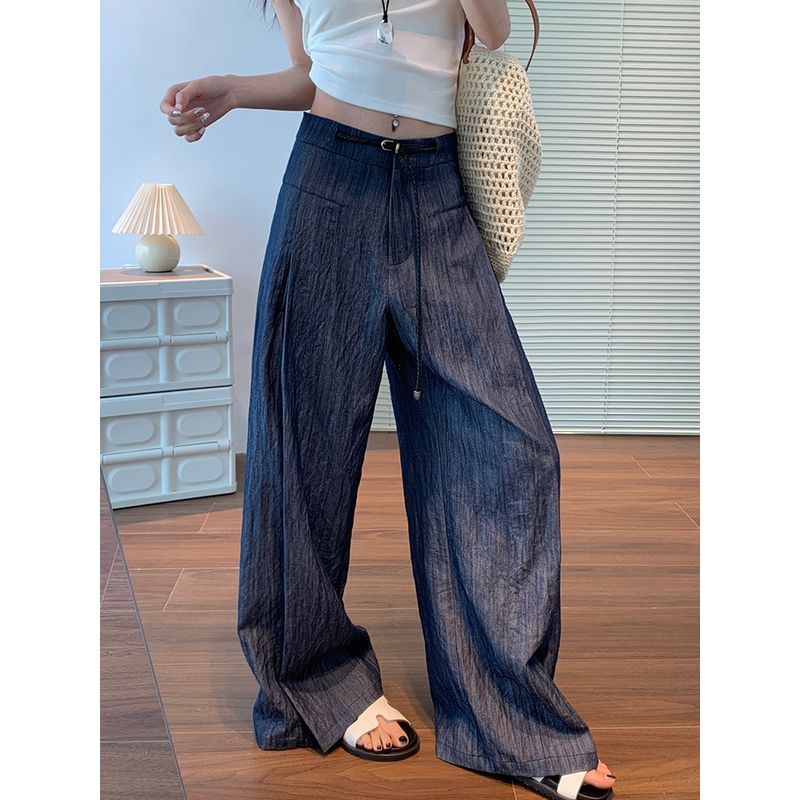 

Wide-Leg Pants Women 2025 New Spring/Summer Lyocell Denim High Waist Loose Old Money Style Linen and Cotton Blazer Trousers Navy blue (regular length) L