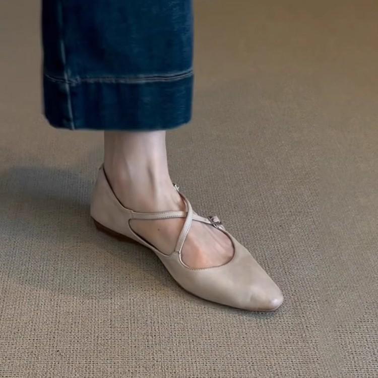 Sheepskin version~ retro literary style, shallow mouth, genuine leather, Mary Jane shoes, women's commuting cross-buckle round head flat-soled singl