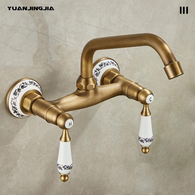 Retro French Copper Wall-Mounted Double Handle Faucet for Kitchen and Balcony.