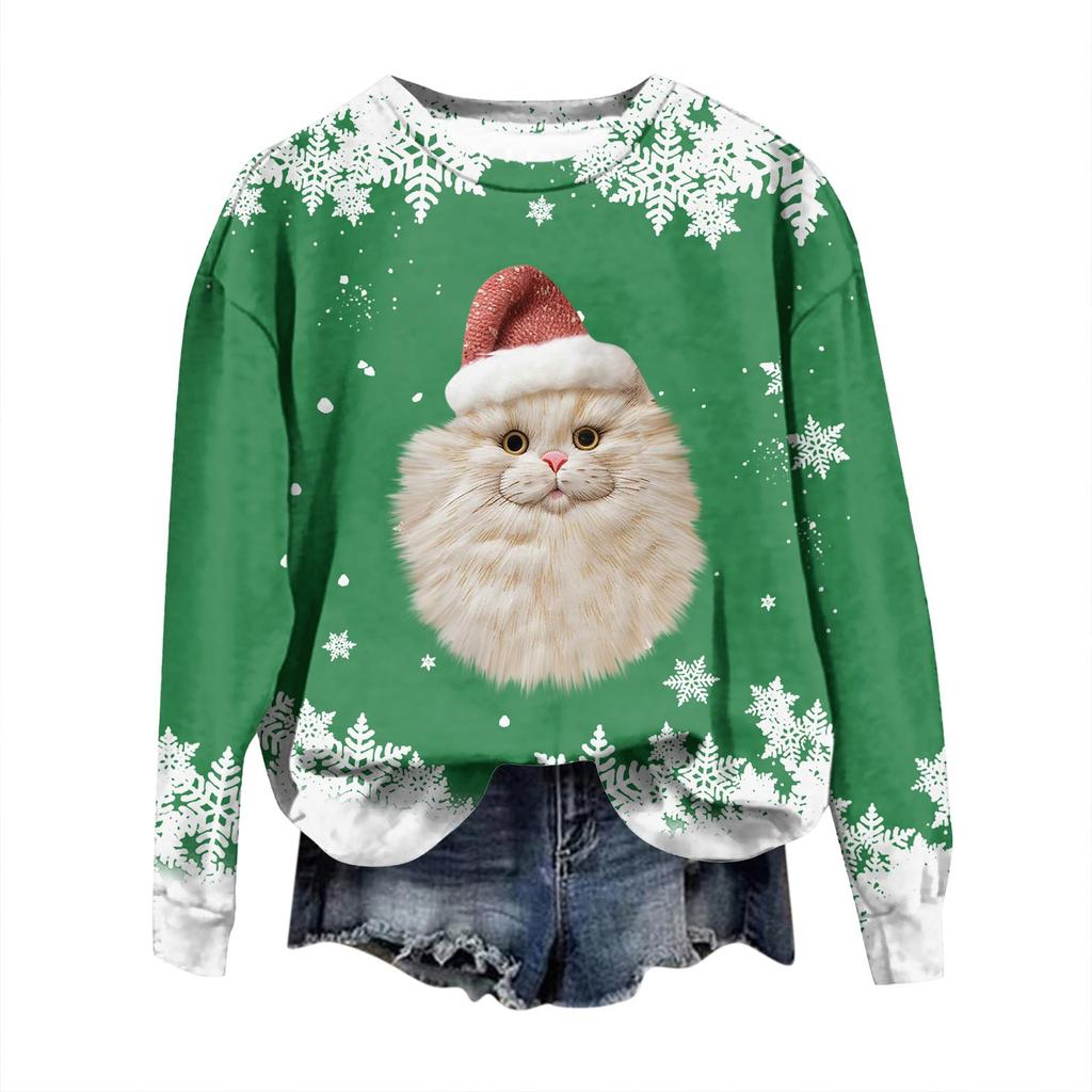 Women's Fashion Christmas Printed Long Sleeve Loose Round Neck Sweatshirt Top
