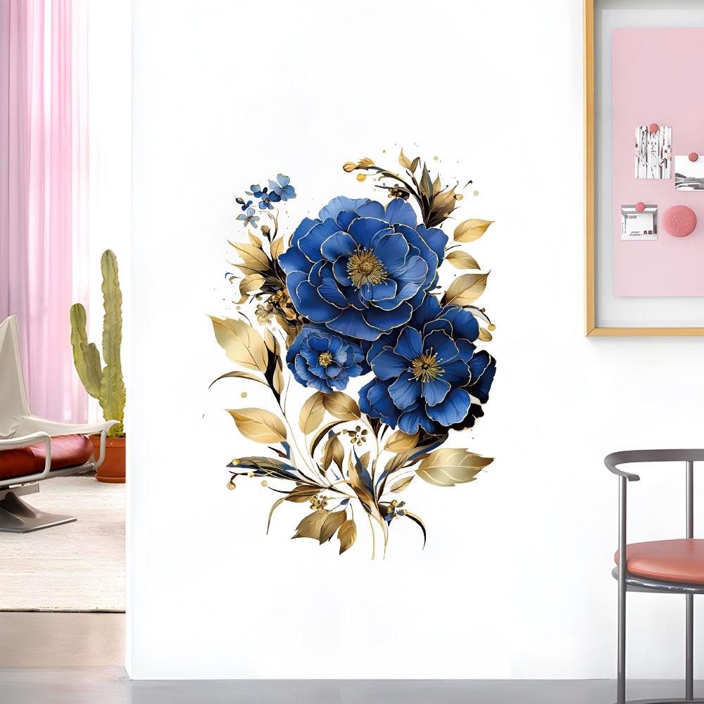 Self-adhesive Gorgeous Blue Peony Wall Stickers Large Flowers for Dining Room Accent Wall Home Decor