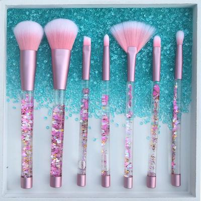 Neues 7-teiliges Make-up-Pinsel-Set mit transparentem Kristall-Pailletten-Diamant-Griff, Treibsand, flüssigem Öl, gefüllter Griff, Schönheits-Make-up