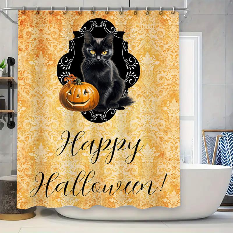 Halloween Shower Curtain with Jack-O-Lantern Pumpkin Print Fall Decorations for Bathrooms Black Cat Yellow Damask Pattern Reusab