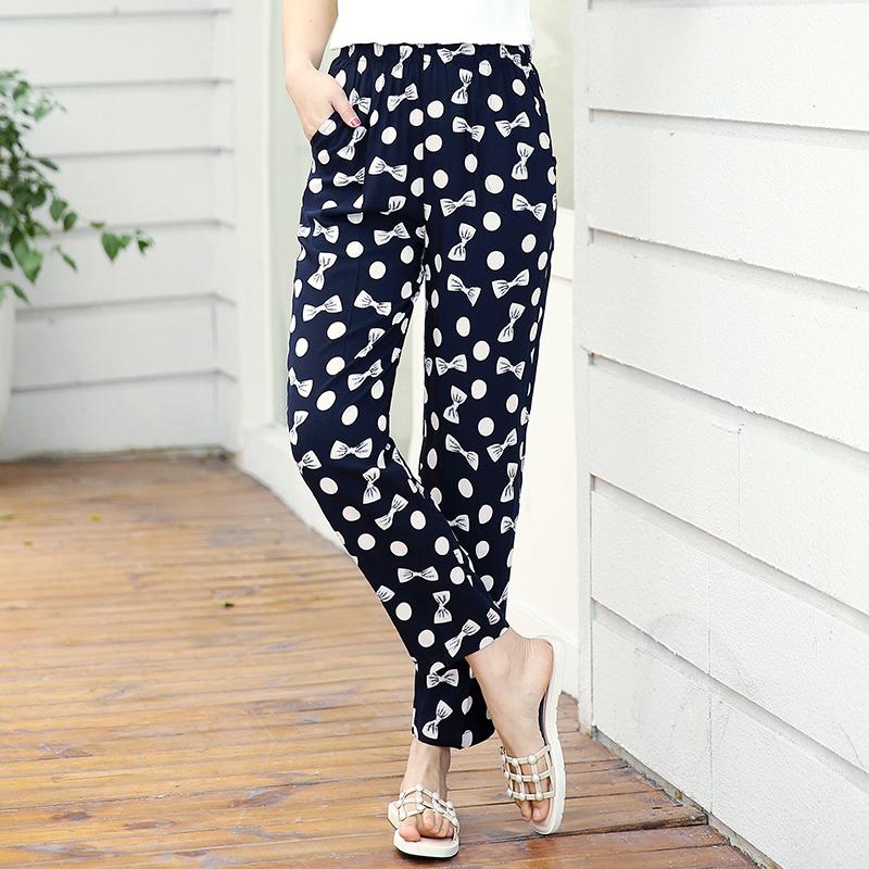 Plus Size Hose mit hoher Taille, Sommer, Vintage-Druck, elastische Taille, klassische gerade Hose für Damen