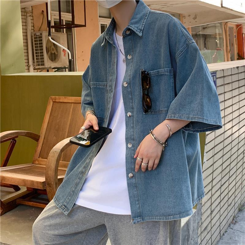 Men's Korean Style Denim Shirt - Short Sleeve, Summer, Trendy, Hong Kong-Inspired, Handsome Loose Fit.