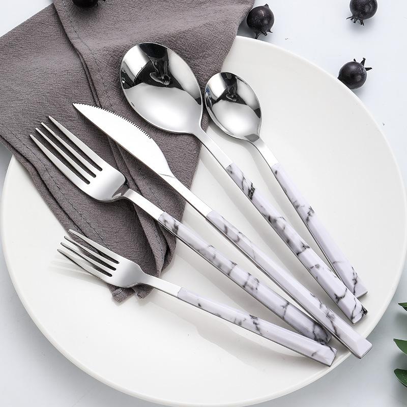 Edelstahl Gehobenes Tischgeschirr Marmorgriff Silber Dessert Dinnerlöffel Westliches Steakmesser Gabel Küchenbesteck Utensilien