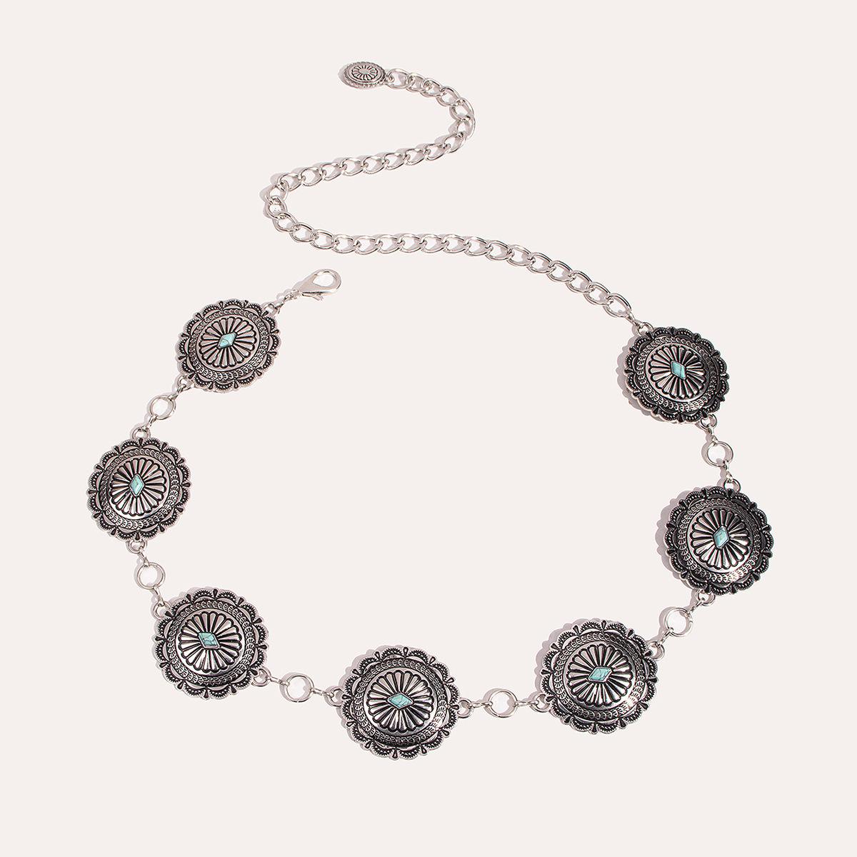 

Женская цепочка на талию в западном стиле с резьбой, тяжелая промышленность, бирюзовый, круглый, изысканный, тяжелый металл, модный