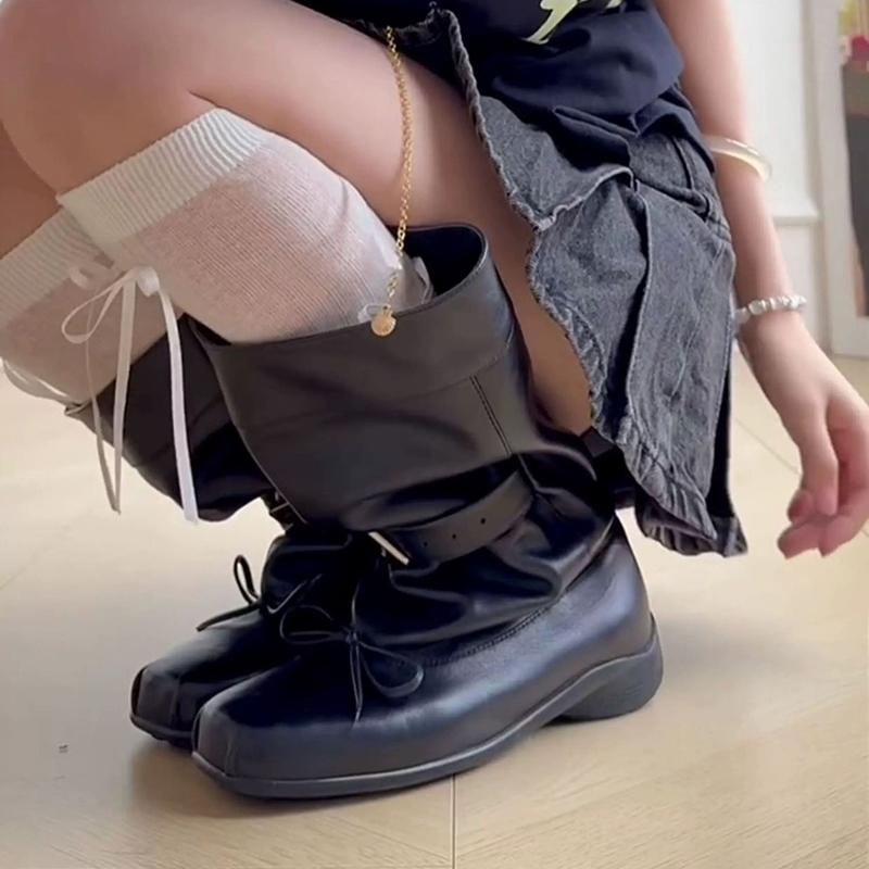 Fashion Belt Buckle Decoration Mid Calf Boots Women 2025 Autumn Square Toe Solid Black Ballet Style Boots Sweet Bowknot Booties