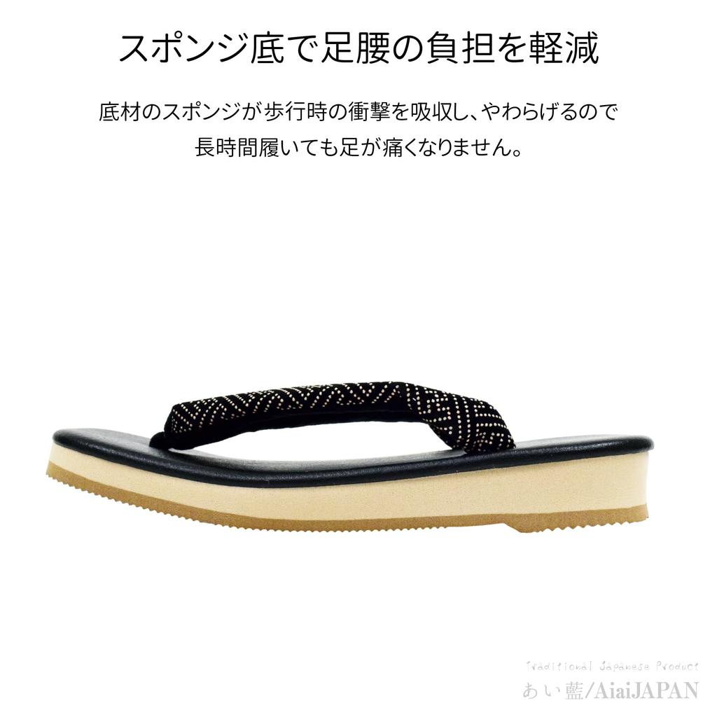 Faux Leather Geta Sponge Soles L Saaya Style [Ai Ai] Sandals, Black, Inden-style Straps, (Saaya Style, Measurement_24_Point_5_Centimeters)