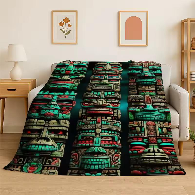 Mayan Mask Aztec Totem Flannel Blanket Soft Warm Throw Blanket for Bedroom Living Room Bed Travel Camping Picnic Nap Cover Gift