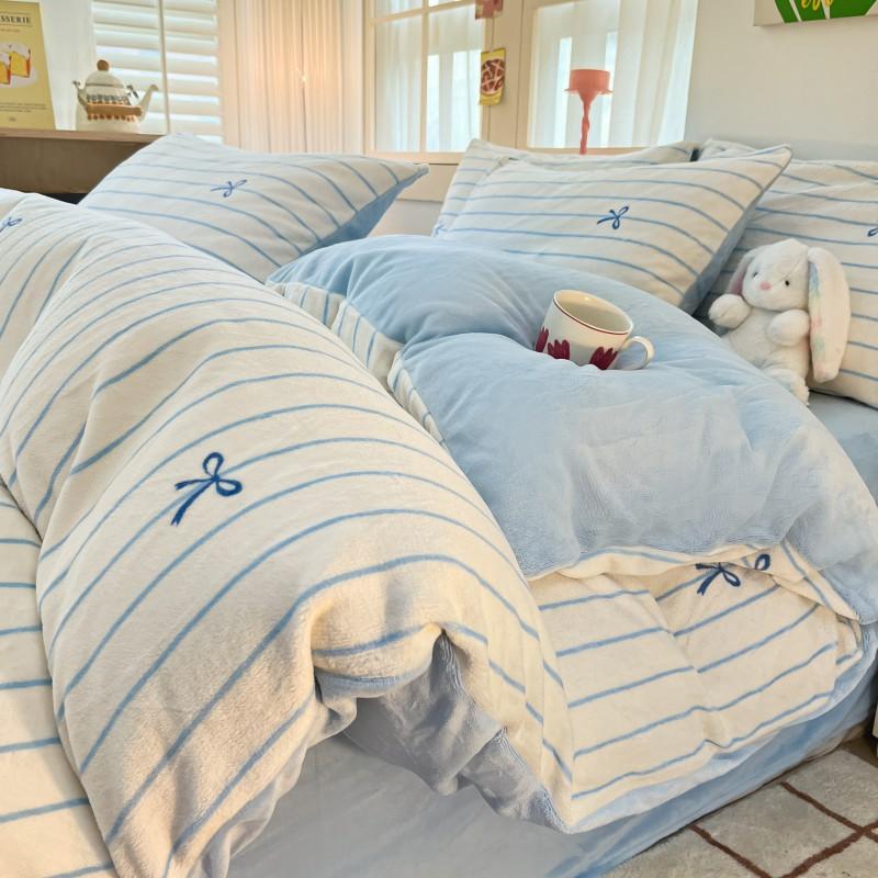 Thickened Milk Fleece Bed Four-Piece Set, Fleece Coral Fleece Bed Sheet Quilt Cover, Bedding Three-Piece Set