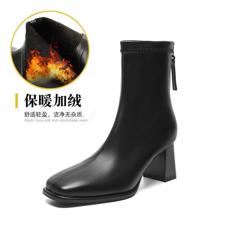 French high-heeled small short boots women's 2024 autumn and winter medium boots brown thick heel square head leather boots new thin boots