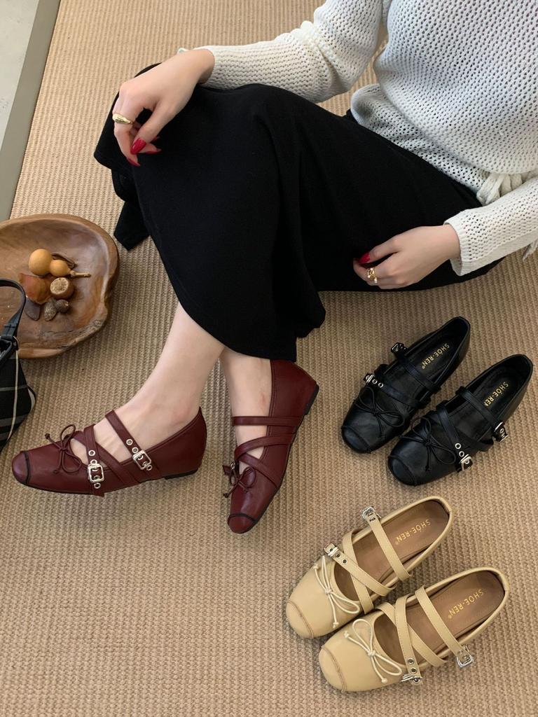 2025 new French retro style square head bow with Mary Jane shoes women's flat ballet shoes