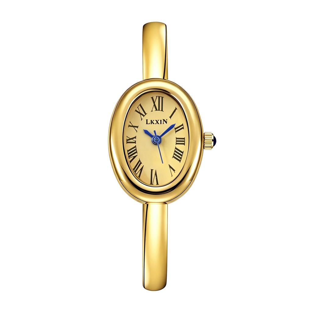 LKXIN Women Oval Watch Alloy Roman Numeral Dial Blue Crown Minimal Elegant Wristwatch Luxury Gift