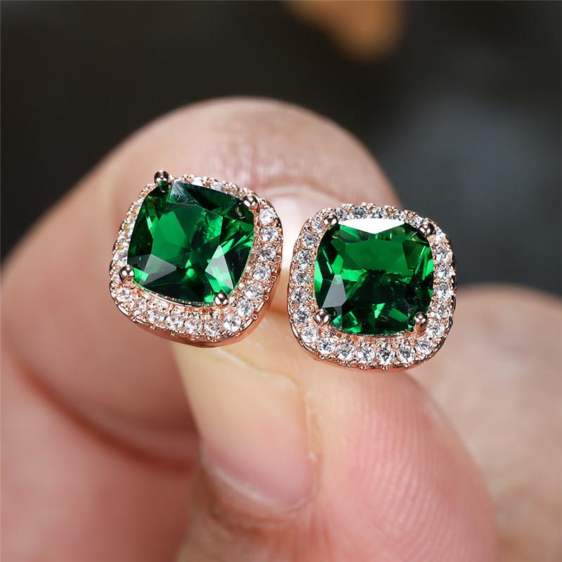 Female Luxury Green Crystal Zircon Stone Stud Earrings Vintage Gold Color Wedding For Women