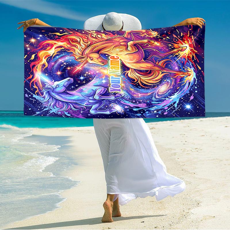 1PC Custom Name Unicorn Galaxy Fusion Beach Towel Highly Absorbent And Sand-Resistant Towel for Swimming, Pool, Yoga, And Travel Lightweight