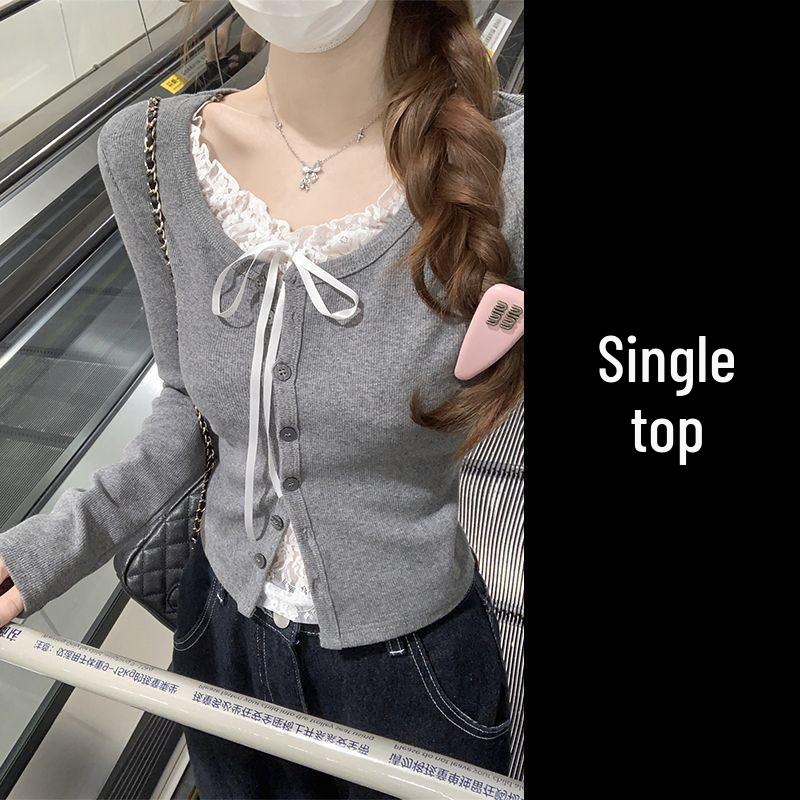 

Серая футболка с длинным рукавом и кружевной вставкой, облегающего кроя для женщин – Сексуальный эффект двойки, идеально подходит для осени/зимы XL (120-130 lbs)