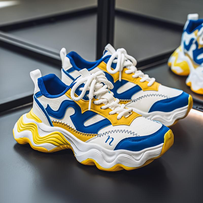 

Новые модные мужские кроссовки Four Seasons с толстой подошвой для студентов и мальчиков, трендовые кроссовки с мягкой подошвой, дышащие, повседневные кроссовки для бега 44 белый/жёлтый