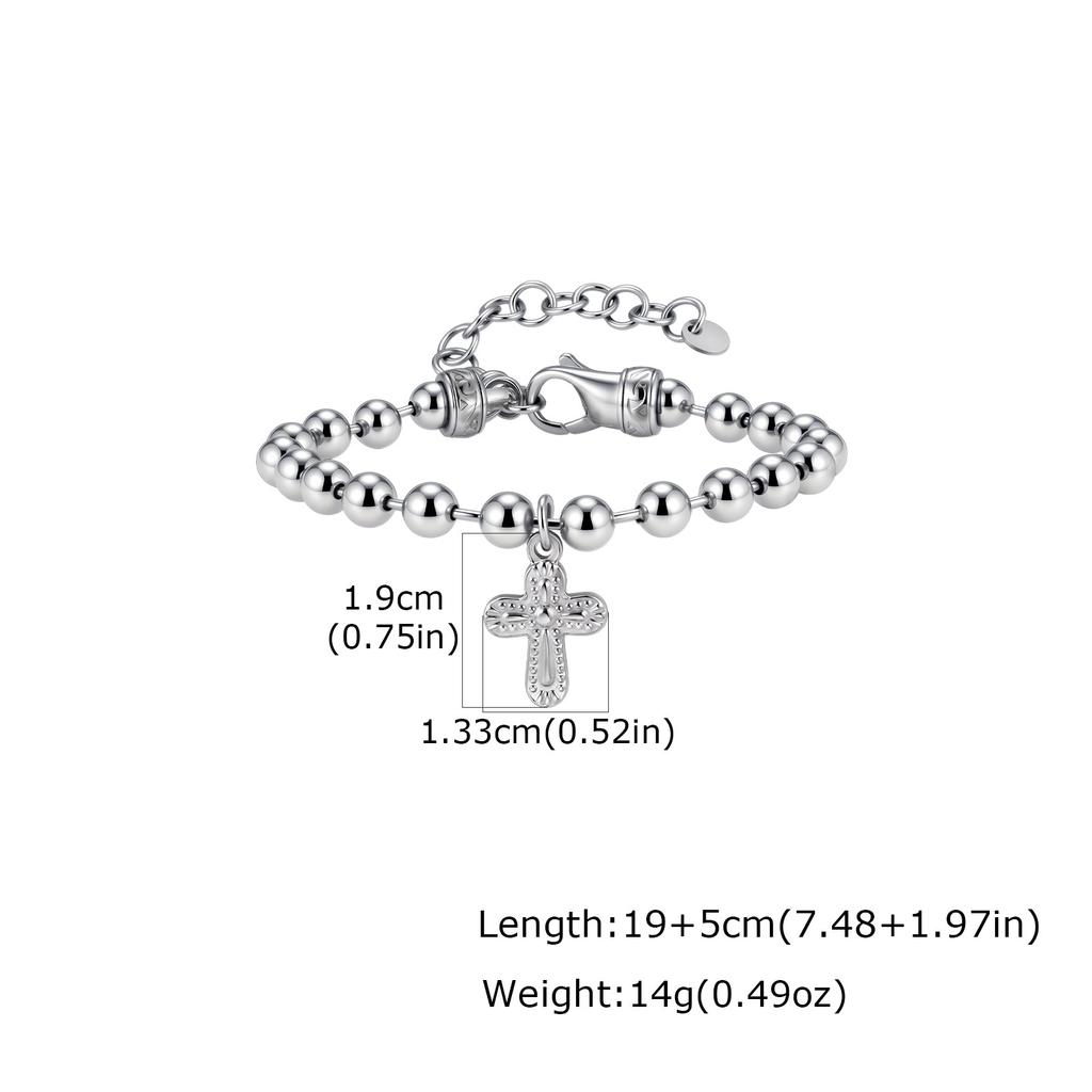 Silver Color Rosary Beads Chain Cross Pendant Bracelets, Stainless Steel Wristband Bracelet, Jewelry for Men Father's Day Gift