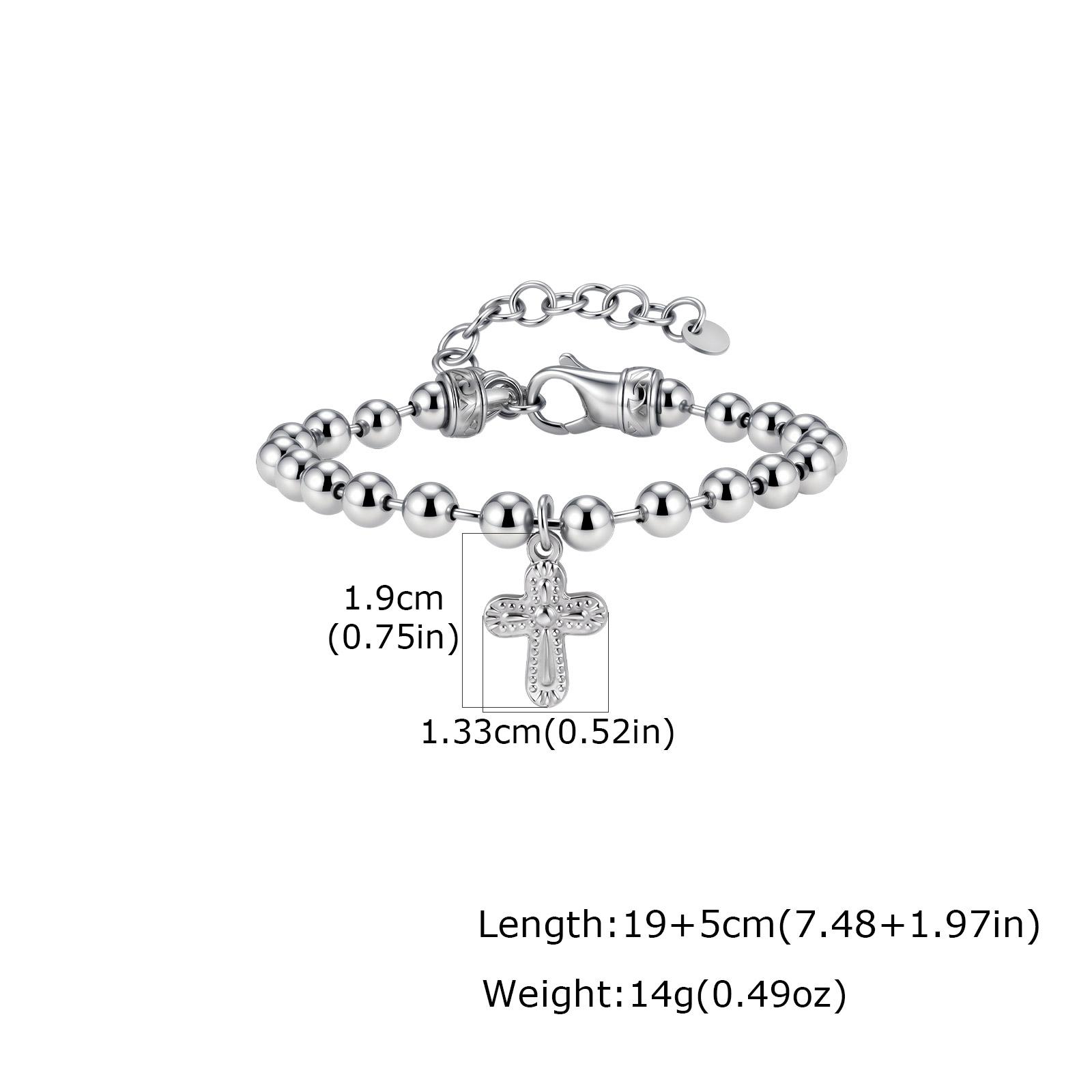 Silver Color Rosary Beads Chain Cross Pendant Bracelets, Stainless Steel Wristband Bracelet, Jewelry for Men Father s Day Gift