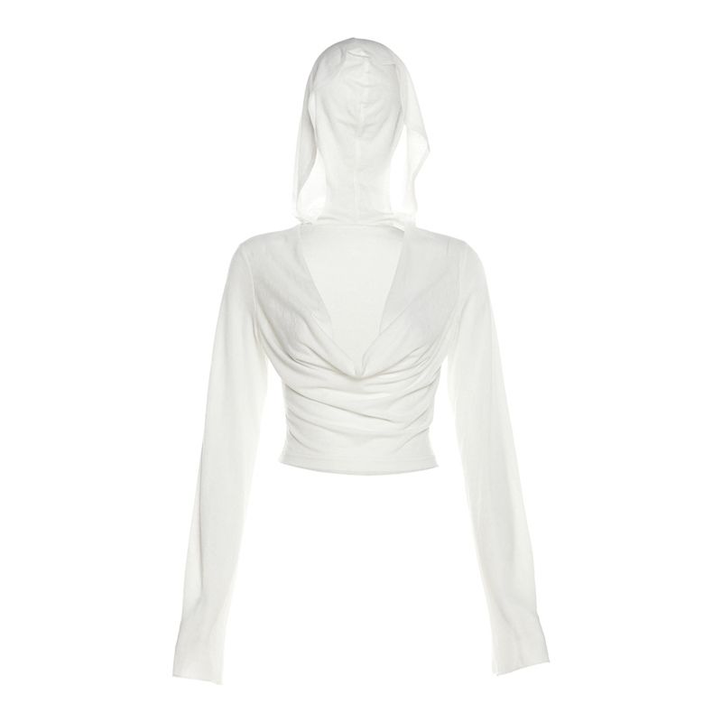 

# Sisjuly# Ins European and American Minimal Art Girly Style Slim Looking Swing Collar Hooded T-shirt Female Elegant All-Matching Long Sleeve Top White S