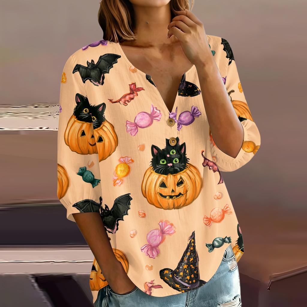 Women's Casual V Neck Button Front Three Quarter Sleeve T Shirt Halloween Print Lightweight Blouse for Everyday Wear and Seasonal Outfits