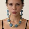 Trend Retro Ethnic Style Personality Niche Exaggerated Geometric Blue Beaded Splicing Necklace Earrings Jewelry Women