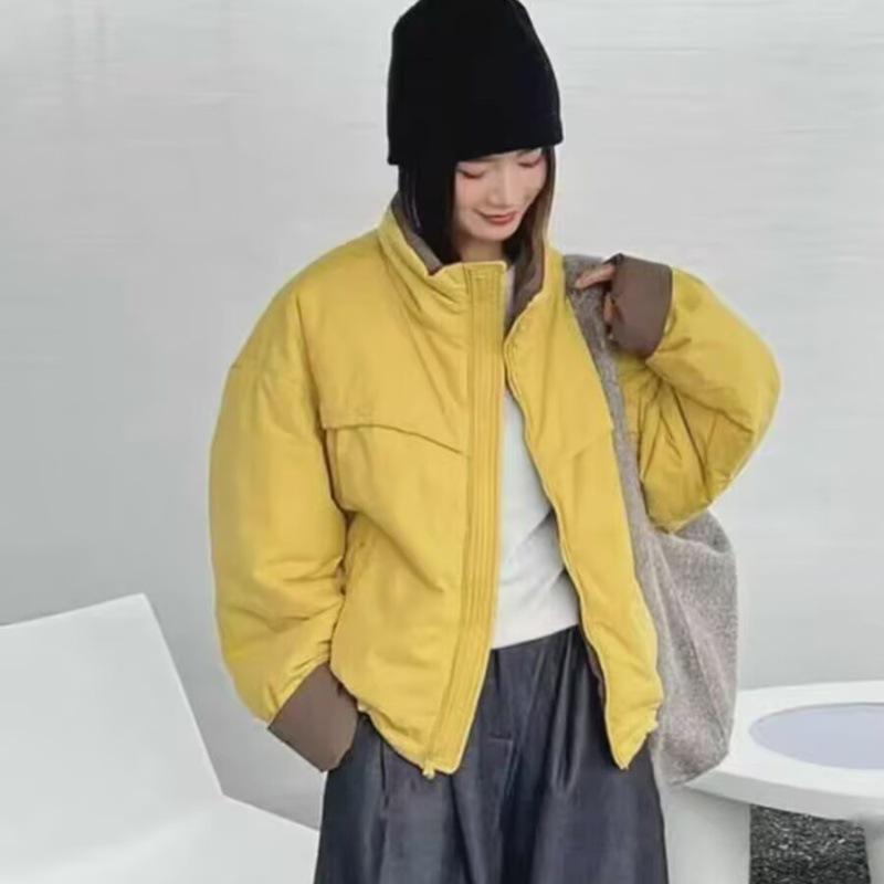 

Повседневная универсальная куртка с контрастной цветной вставкой, на подкладке из хлопка, со стойкой, с длинными рукавами, для женщин, новая коллекция осень-зима 2025, свободного кроя, большого размера M жёлтый