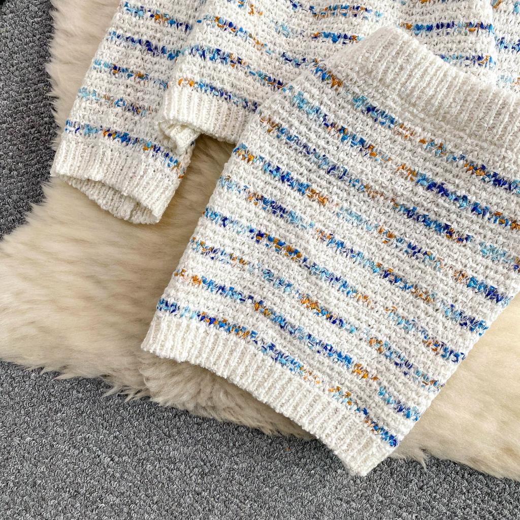 Autumn Winter Women Sweet Striped Knitted Sweater Two Piece Set Single Breasted Cardigans Tops and Mini Short Sheath Skirt Suit
