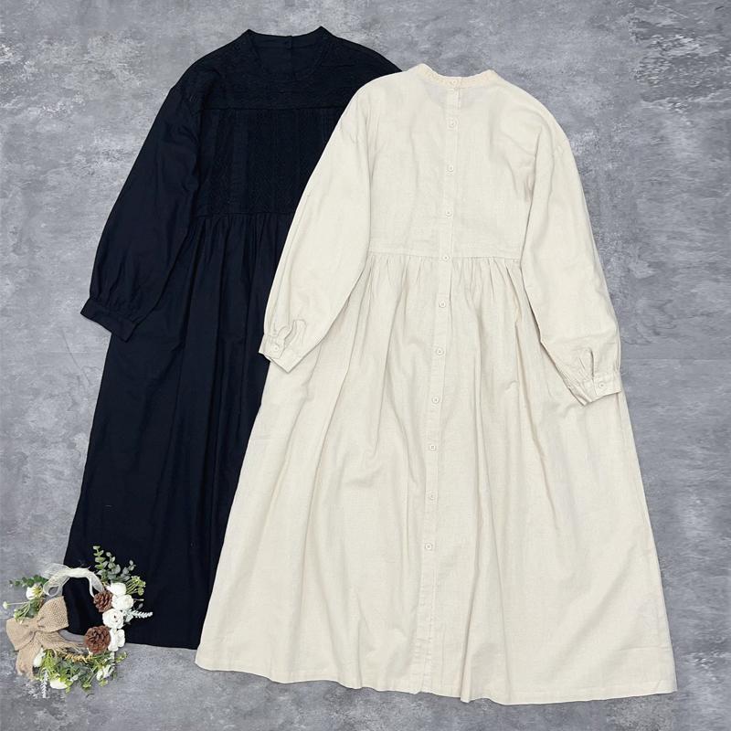 Johnature Japanese Cutout Lace Cotton Dress Autumn French Casual O-neck Loose Solid Color Full Sleeve Women Dress