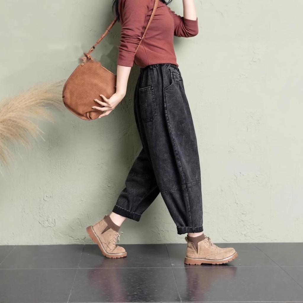 Women's Wide-Leg Denim Carrot Harem Pants - Plus Size, Slimming, Nine-Tenths Length, Autumn/Summer Style