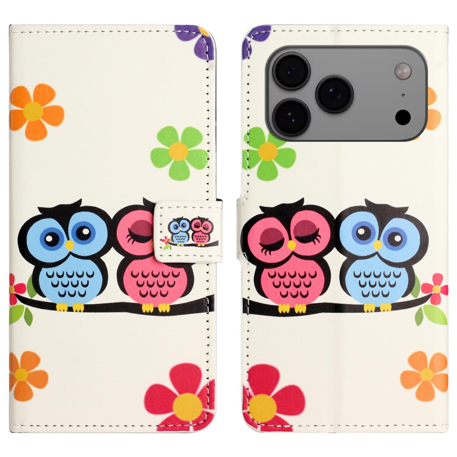 

For iPhone 17 Pro Case Pattern Print PU Leather Wallet Phone Cover Couple Owls