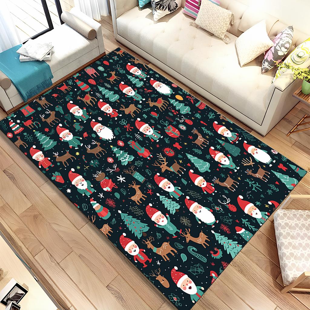 Cute Santa Claus Cartoon Merry Christmas Tree Festival Gift Carpet Rug for Living Room Bedroom Home Sofa Decoration,Non-slip