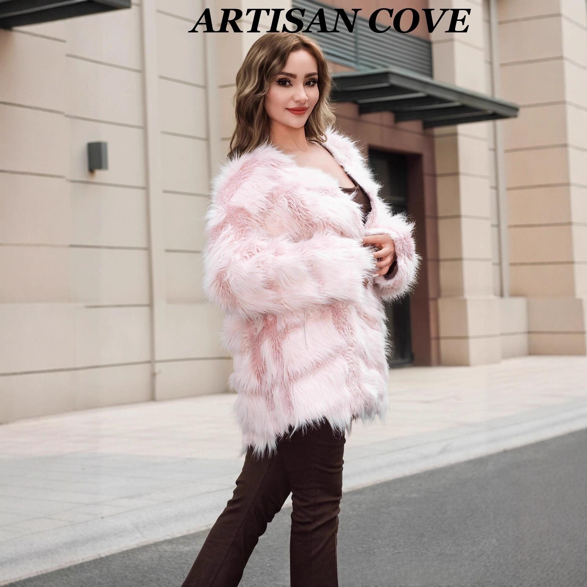 

Розовое меховое пальто с узором из травы для женщин, модное и стройнящее one size fits all