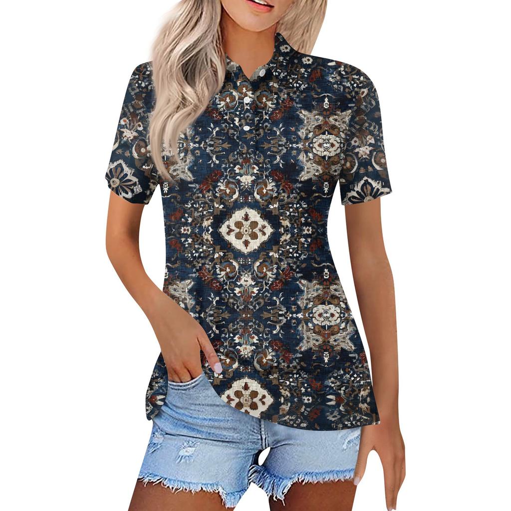 Dámská móda Neformální košile s potiskem s klopou a krátkým rukávem Dámské topy se zapínáním na knoflíky