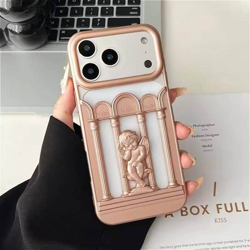 Luxury Angels Matte Shockproof Case for iPhone 17 Air 16 15 14 13 12 Pro Max Hollow Roman Column Little Angel Frosted Cover