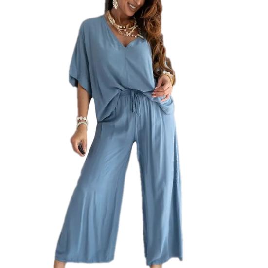 2 Teile/satz Damen Top Hosen Set Hohe Taille Einfarbig Weites Bein Faltenhose V-Ausschnitt Fledermausärmel Lockeres T-Shirt Lässiges Pendeloutfit Bluse Hosen Set