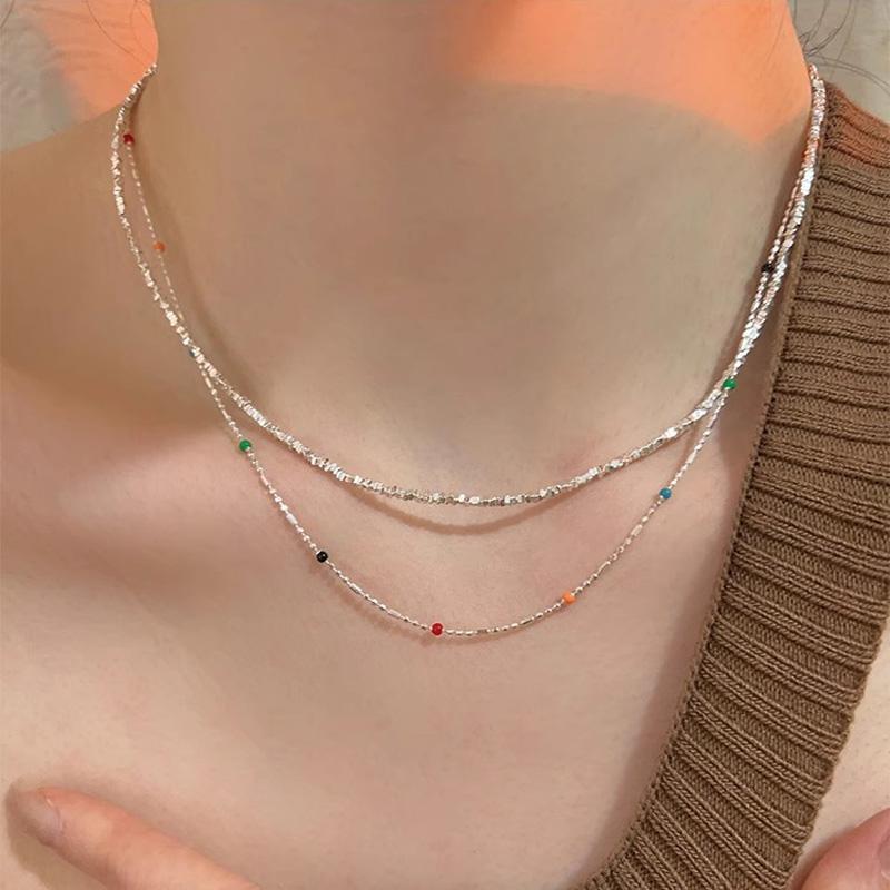 925 Silver Silver Necklace With Simple Geometric Multicolour Beads Choker Shiny Delicate Collarbone Chain For Women's