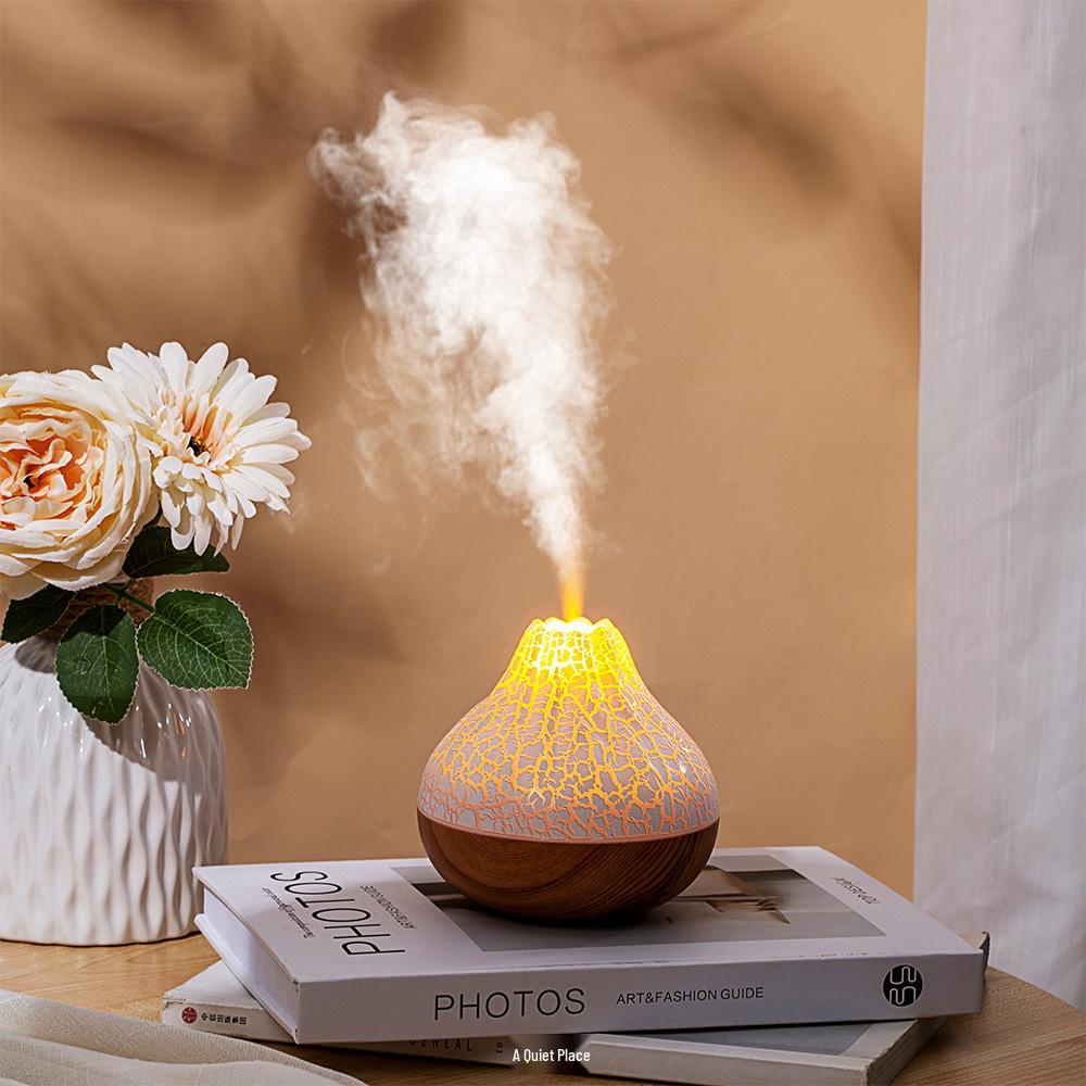 USB Wood Grain Mini Volcano Humidifier with LED Flame Effect - Large Mist & Night Light