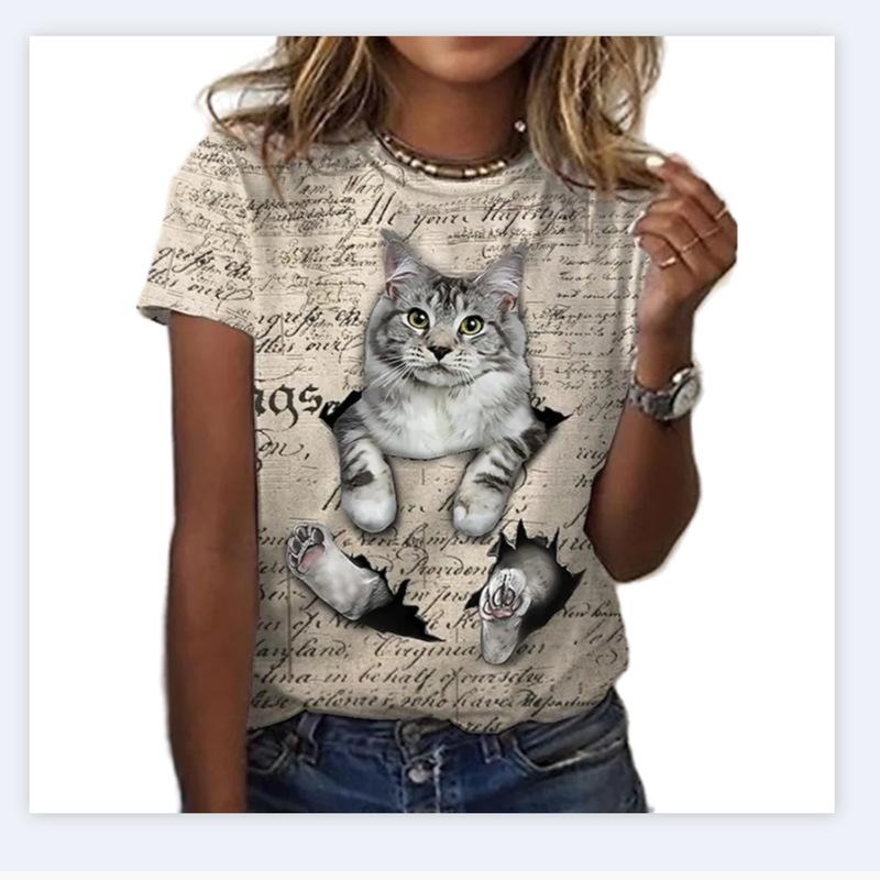 Summer Casual Digital Printed 3D Loose Round Neck Short Sleeved T-Shirts Women’s