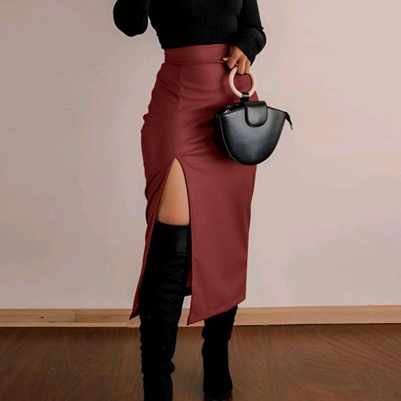 

VONDA Женская мода однотонные юбки с разрезом прямого кроя 5XL вино красного