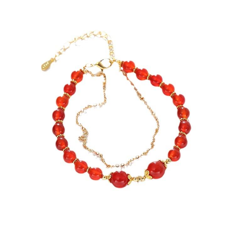 Red Agate Beads Gold Leaf Pendant Double Layer Bracelet Women Fashion Jewelry