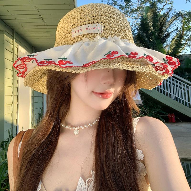 Sweet Hollow Seaside Vacation Straw Hat Women's Summer Sunscreen Straw Hat Big Brim Lace Sunshade Beach Parent-child Hat