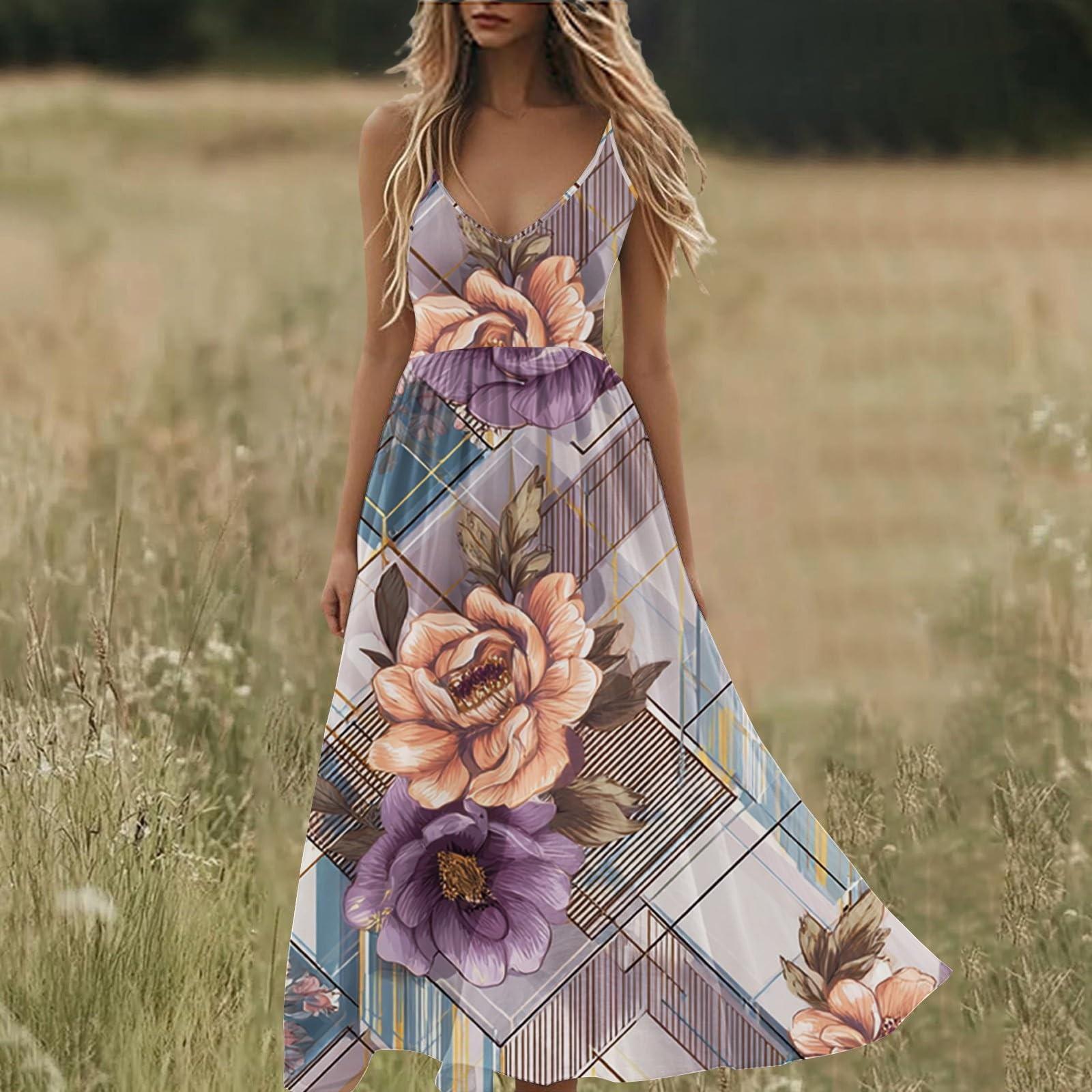 

Boho Summer Dresses V Neck Floral Printed Sundresses, Beach Trendy Airy Dresses For Women XL